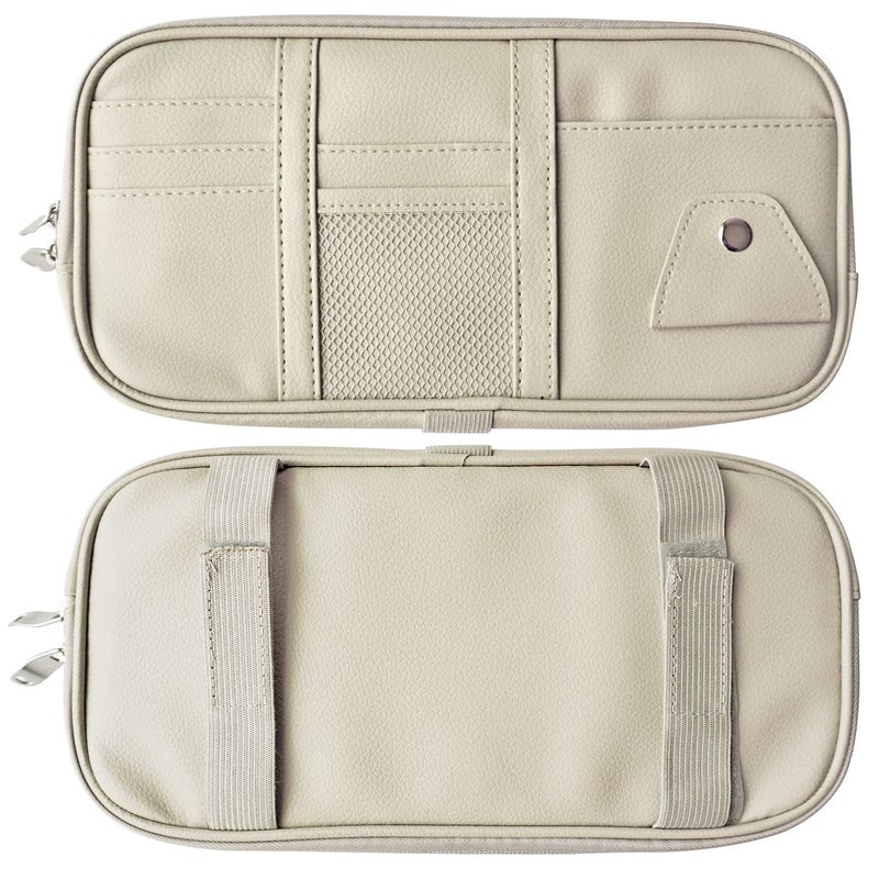 Da by Car Visor Organier Truck SUV Sun Visor Storage Pocket PU Leather Pouch Holder with Multi-Pocket Double Zipper Net Pocket, for Cards Pens Sunglasses Document (Cream Grey) - Image 5